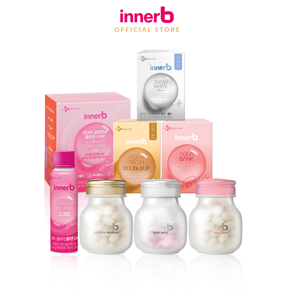 Combo thực phẩm bảo vệ sức khỏe InnerB Aqua Rich Doubleup, InnerB Snow White, InnerB Aqua Bank Radiant Soft Skin và Nước uống Collagen InnerB Glowshot