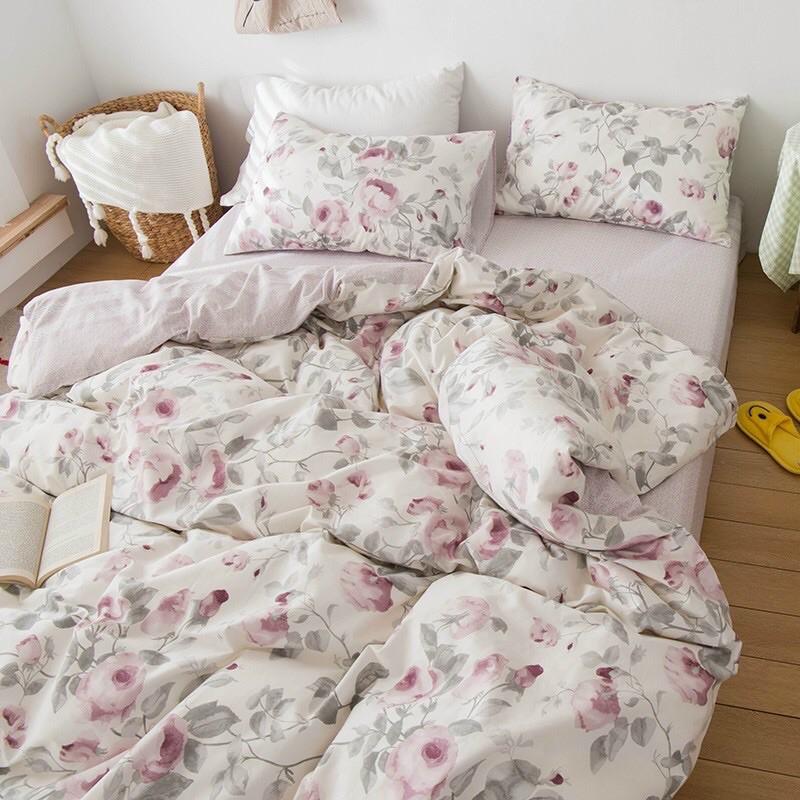 Bộ Chăn Ga Gối Cotton Living 100%cotton Hàng Nhập Khẩu Cao Cấp 4 Món Hoa Vintage Nhẹ Nhàng Cho các Nàng Thơ