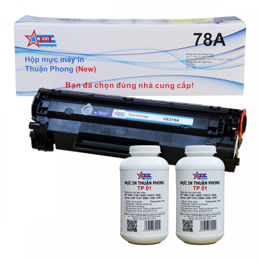 COMBO Hộp mực Thuận Phong 78A (TỰ NẠP) + 2 lọ mực đổ TP01 dùng cho máy in HP LJ P1566/ P1606/ M1536/ Canon LBP 6200D/ 6230DN/ MF 4400/ 4430/ 4580 - Hàng Chính Hãng