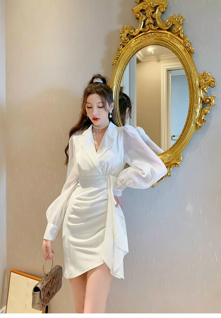 Đầm Body Phối Bèo Tay Dài Cổ Vest Sang Trọng