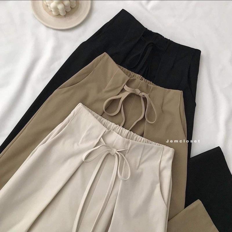 Quần ống rộng suông, Quần culottes nữ lưng cao thắt dây nơ lưng chun chất kaki thô