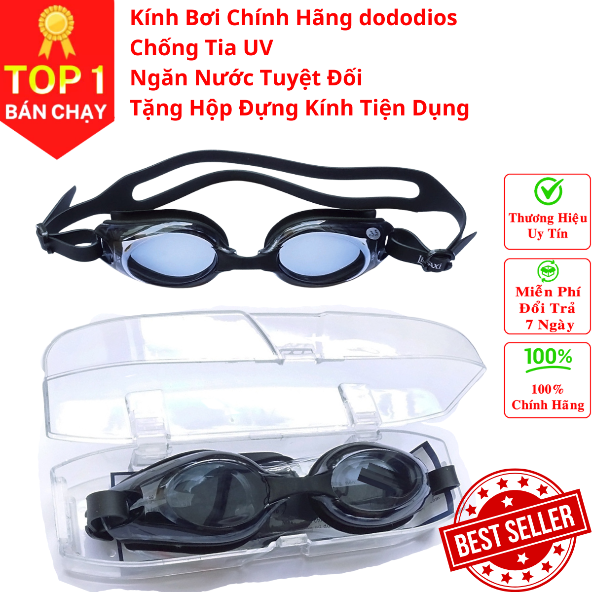 Kính bơi người lớn nam nữ cao cấp, mắt kính bơi chính hãng dododios - D2030 - Kính bơi chống nước, chống mờ, chống tia UV Tặng kèm hộp đựng