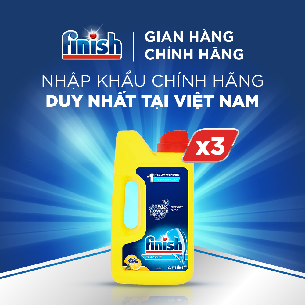 Combo 03 Bột Rửa Chén Bát Hương Chanh Finish Classic Power Powder Lemon Sparkle chai 1 kg