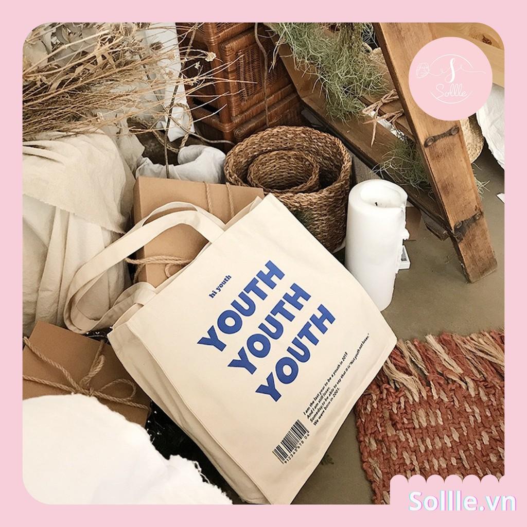 Túi tote vải canvas đáy vuông chữ YOUTH, túi vải bố Hàn Quốc bảo vệ môi trường TO01V