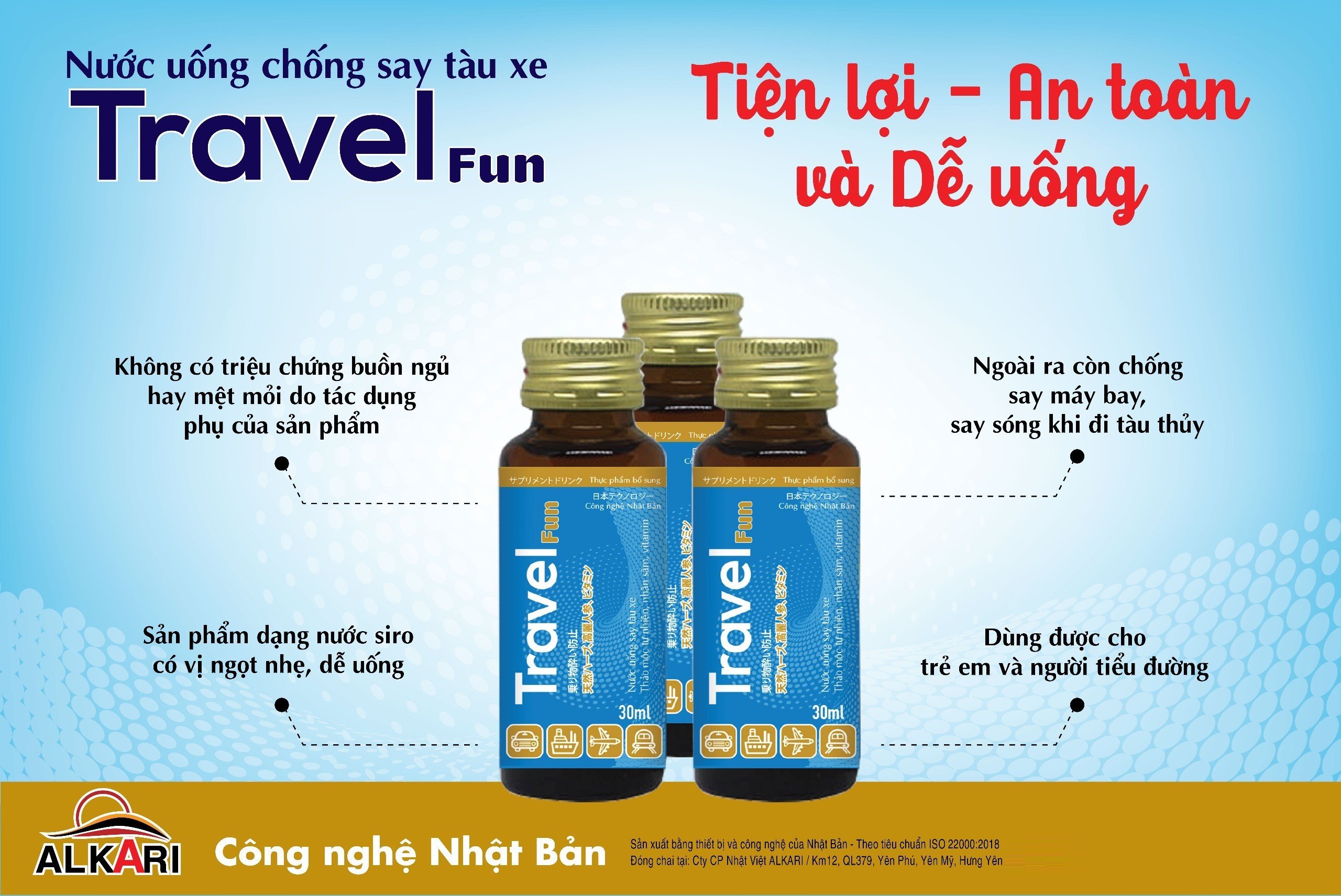 Hộp 10 chai nước Say tàu xe Alkari Travel Fun, chai 30ml