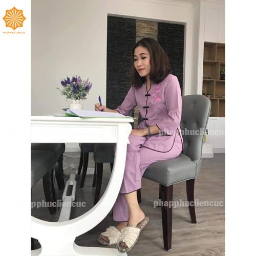 Đồ lam đi chùa nữ - Pháp phục mẫu xẫm thẳng vải kate, bền màu không nhăn xưởng may Liên Cúc