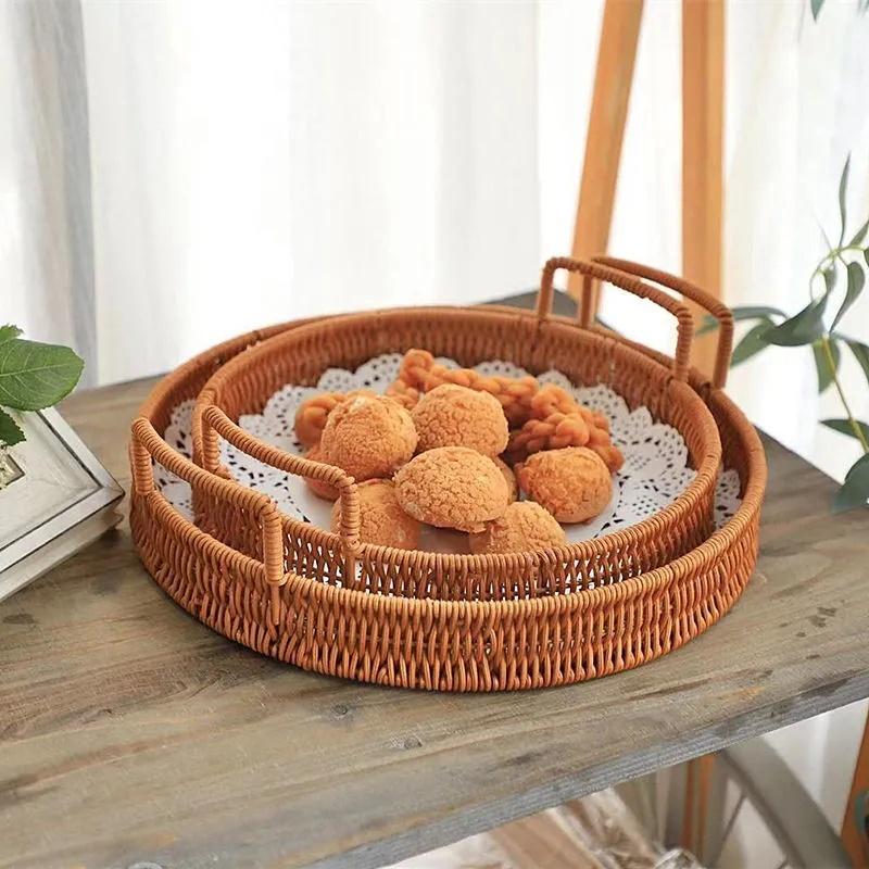 Khay Đựng Thức Ăn Hình Tròn Bằng Mây Đan Có Tay Cầm Tiện Dụng