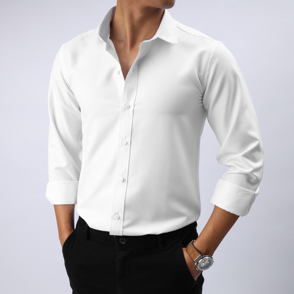 &lt;Mới&gt;Áo sơ mi nam trơn dài tay, gấp hộp, áo sơ mi công sở chất liệu lụa mịn cao cấp thời trang Zaarra(Cam Kêt Chất Lượng)ASM001