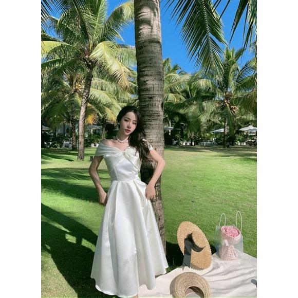 TTL đầm xòe midi trắng nơ ngực trễ vai tiểu thư dự tiệc váy cưới cô dâu có mút nhún xoắn ngực