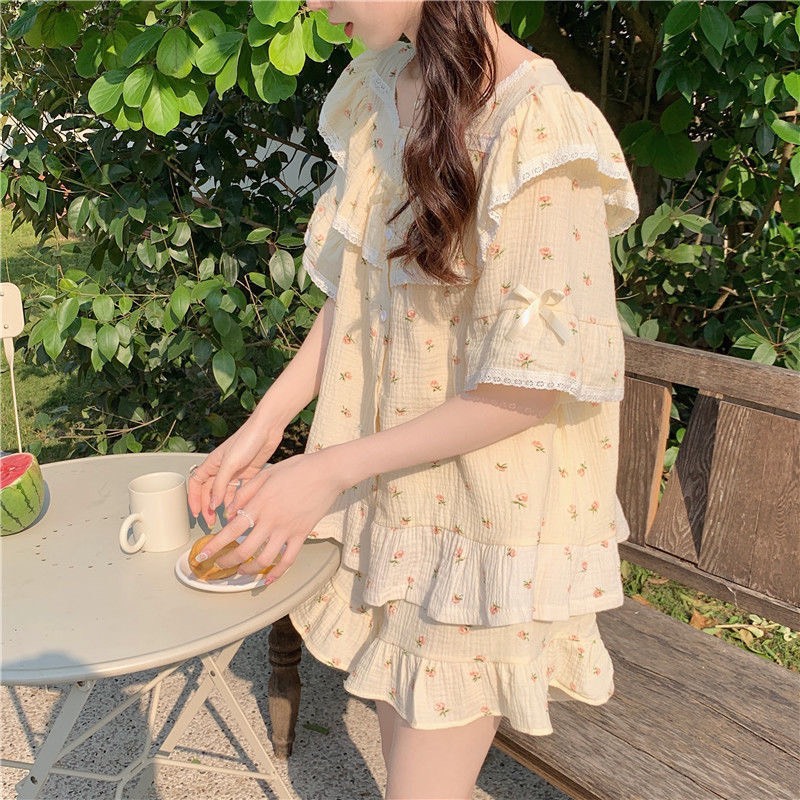 Bộ Đồ Ngủ Nữ Pijama Hoa Nhí Vintage Chất Cotton Mát Mịn Thoáng Mát