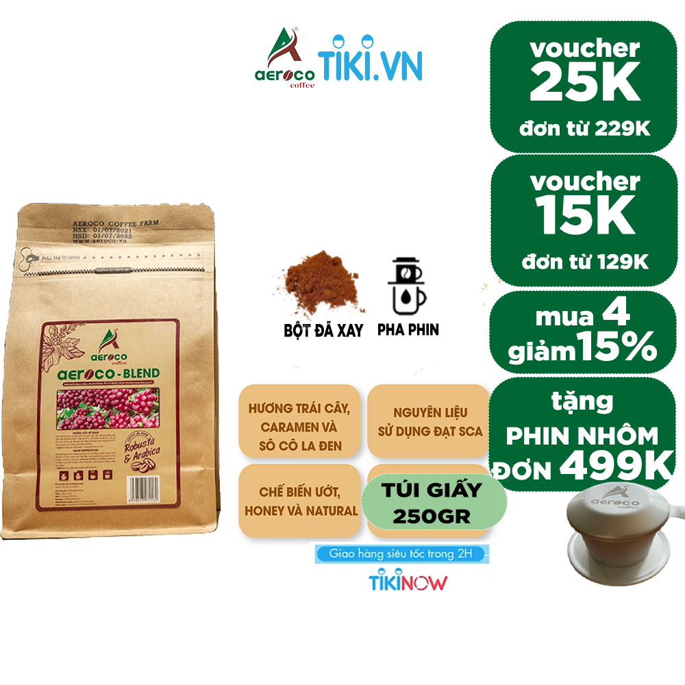 Cà phê AEROCO Blend, gói 250g, pha phin, nguyên chất 100% rang mộc hậu vị ngọt thơm quyến rũ