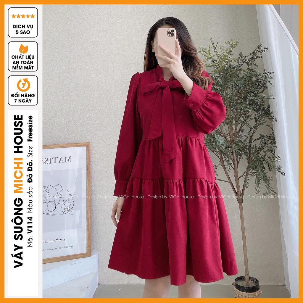 Váy Suông Babydoll Dáng Dài Xuông Rộng MICHI House V114 Đầm Nhung Xuông Thiết Kế Dài Tay Cổ Nơ Xinh