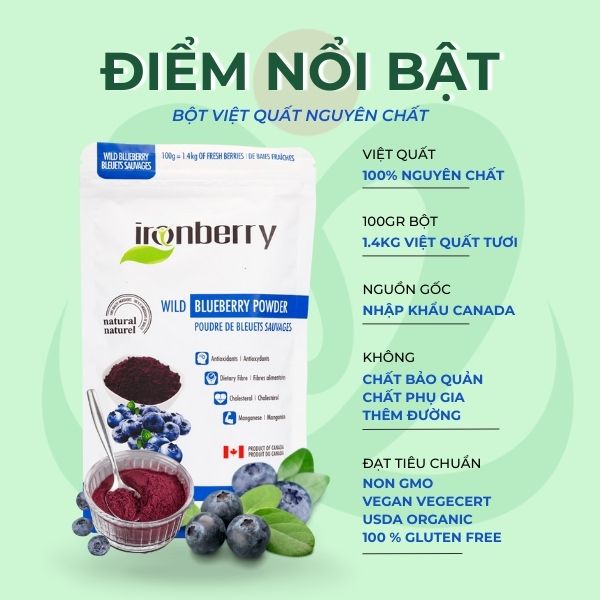 Bột việt quất nguyên chất nhập khẩu Canada không đường, bổ sung khoáng chất vitamin IRONBERRY- Wild blueberry powder