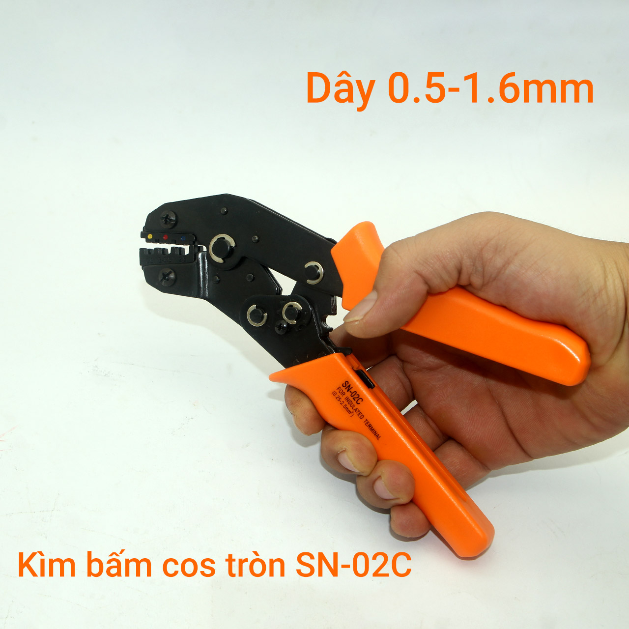 Kìm bấm cos tròn phủ nhựa 02C cho dây Φ0.5 - 1.6 thiết diện 0.25-2.5 mm² 24-14 AWG