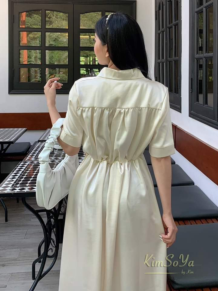 Đầm phi lụa cổ sơ mi form dài chất vải đẹp sang có chun sau lưng