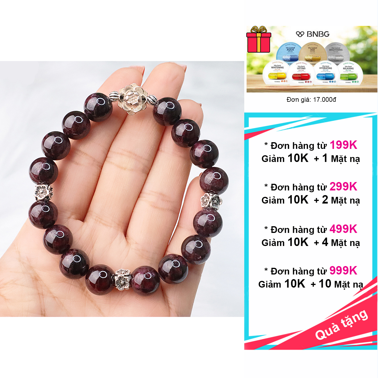 Vòng tay ngọc hồng lựu 10mm mix charm bạc 925 cao cấp