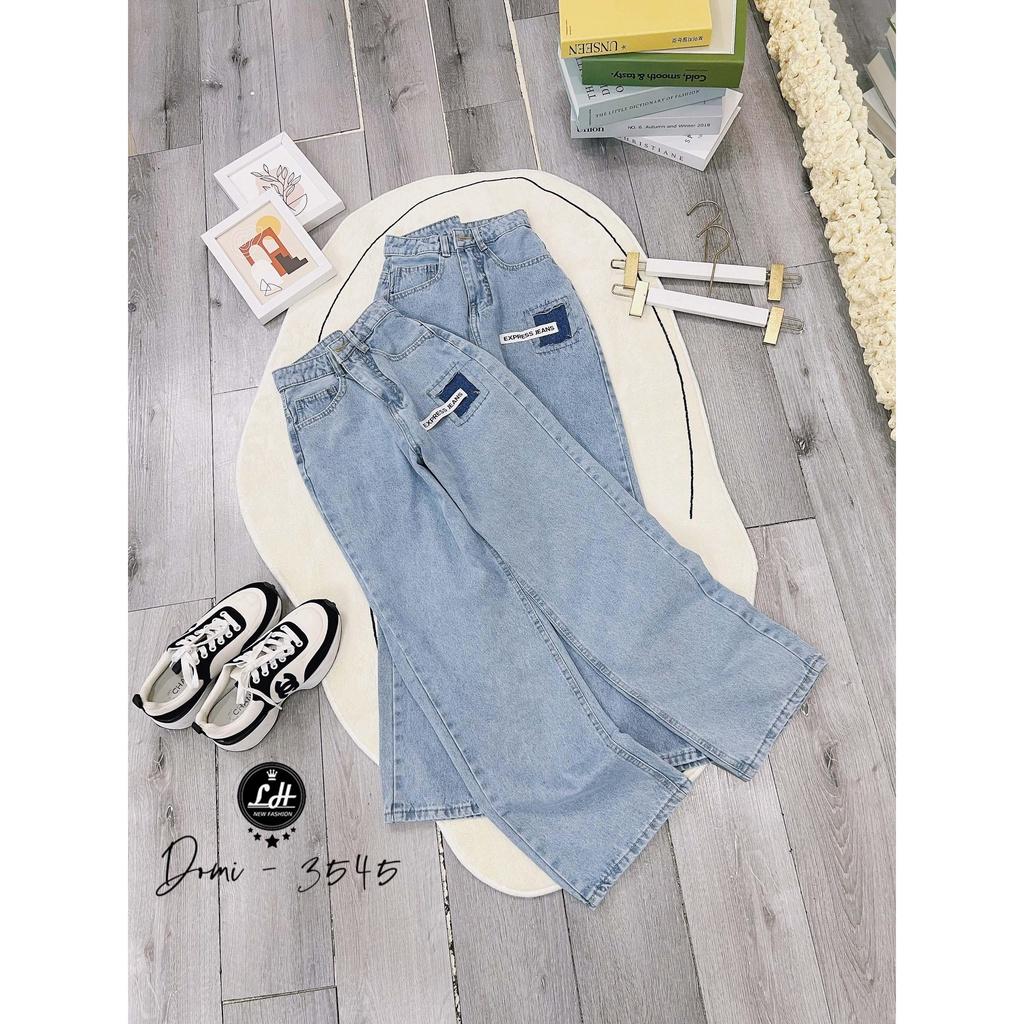 Quần jean nữ ống rộng, quần bò màu xanh nhạt kiểu vá vuông có tag siêu cưng lạ mắt Lê Huy Fashion MS 3545