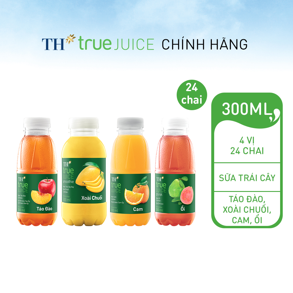 Thùng 24 chai mix táo đào, xoài chuối, cam, ổi tự nhiên TH True Juice 350ml (350ml x 24)