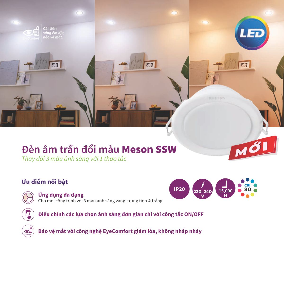 Bộ đèn LED Downlight Meson SSW 3 Màu Ánh Sáng PHILIPS 220V-240V - Thay đổi ánh sáng linh hoạt với một thao tác - Hàng Chính Hãng