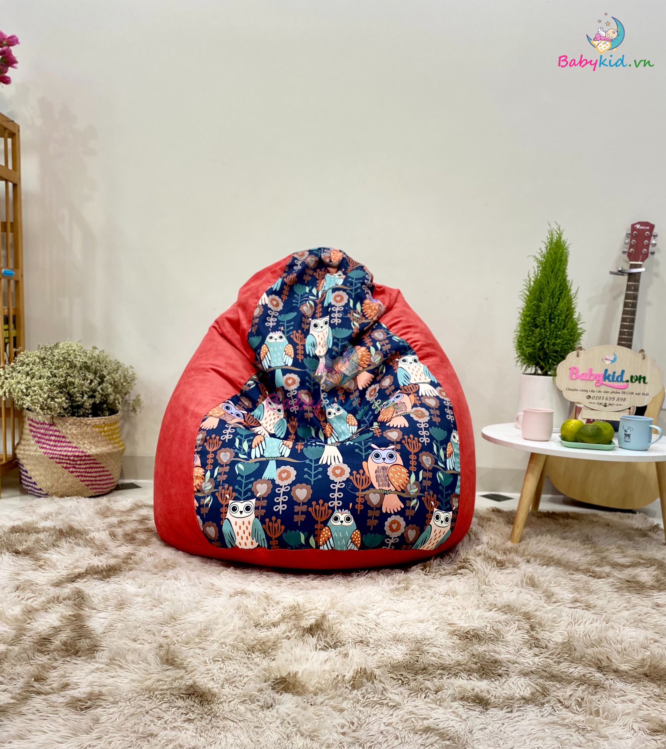 Ghế xốp dáng lê size L 90x120cm hoạ tiết cú mèo mix DA LỘN nhiều màu - có sẵn xốp