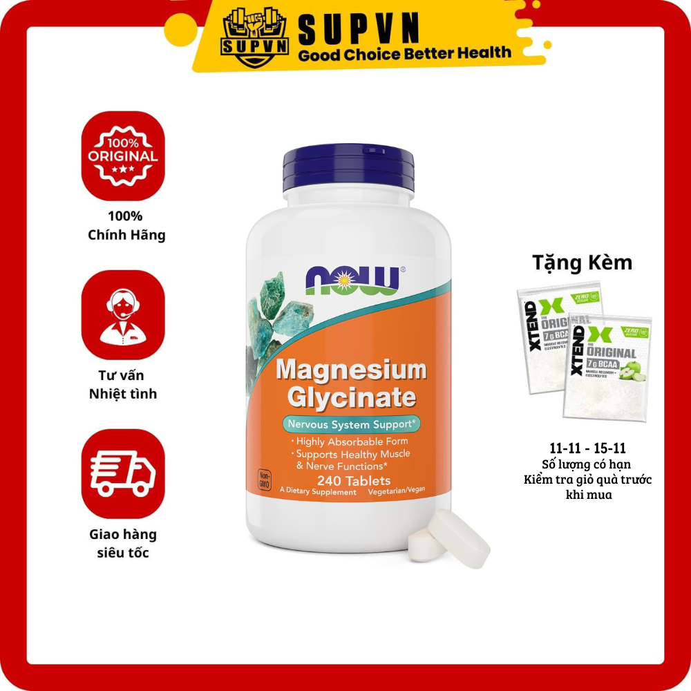 Now Magnesium Glycinate 200mg (60 - 180 viên) - Viên magie hữu cơ giảm stress, hỗ trợ giấc ngủ, xương, cơ bắp USA
