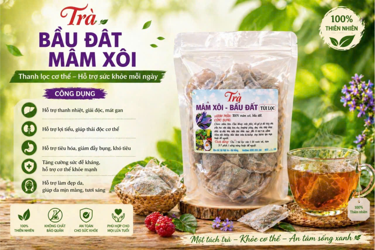 Trà túi lọc mâm xôi bầu đất tím - Điều hòa kinh Nguyệt, khô hạn, bổ trứng, tăng khả năng sinh sản