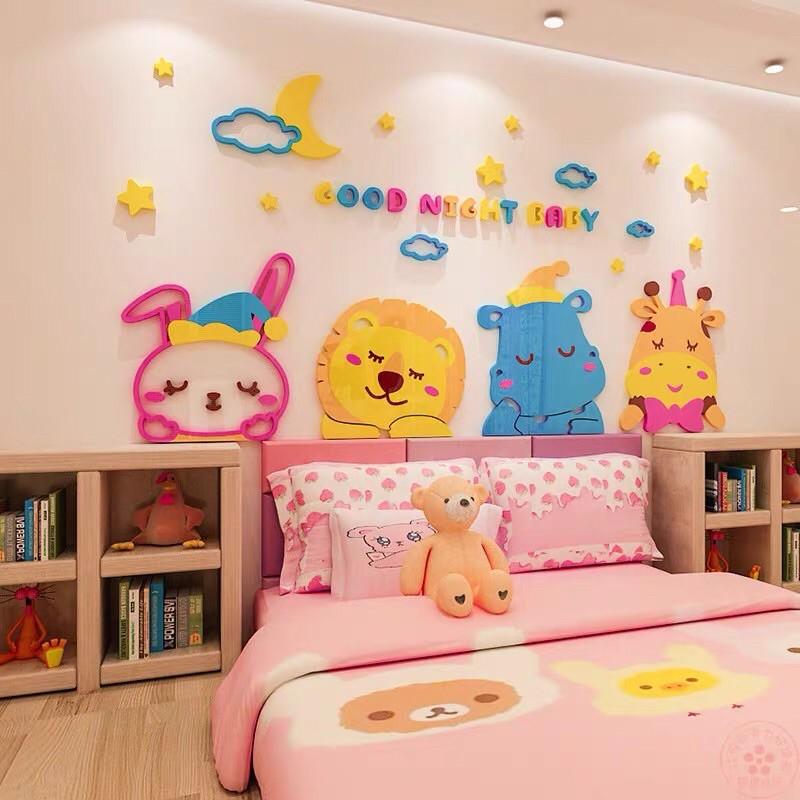 Tranh dán tường mica 3D good night baby, chúc bé ngủ ngon, decal dán tường các con vật trang trí phòng ngủ cho bé