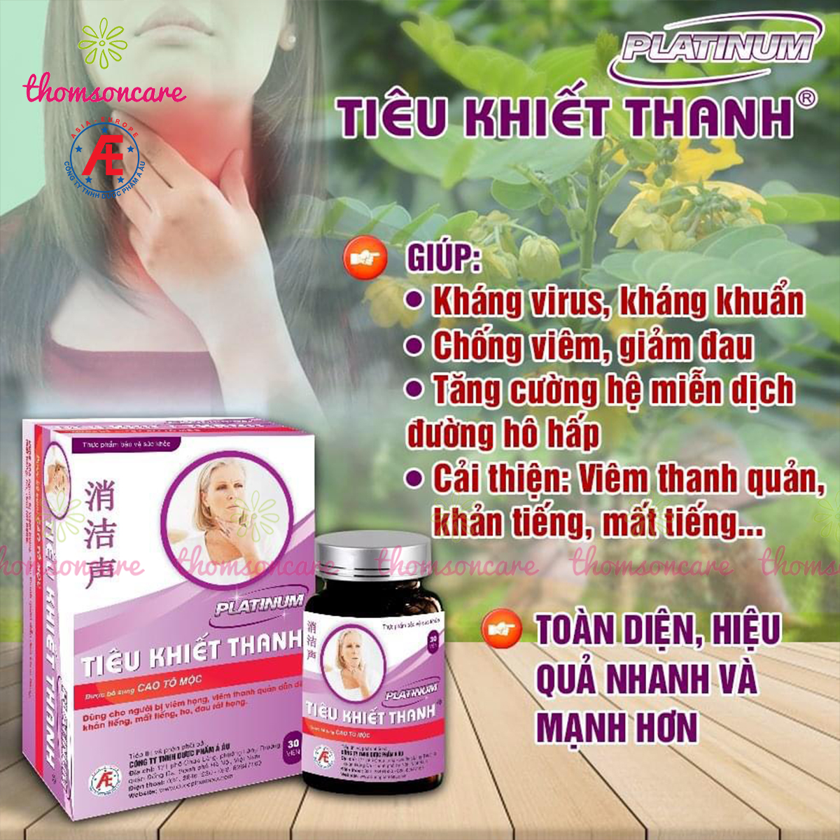 Tiêu khiết thanh Platinum - Lọ 30v mẫu mới - Hàm lượng cao hơn, hiệu quả nhanh hơn - Giảm khản tiếng, mất giọng, đau rát họng