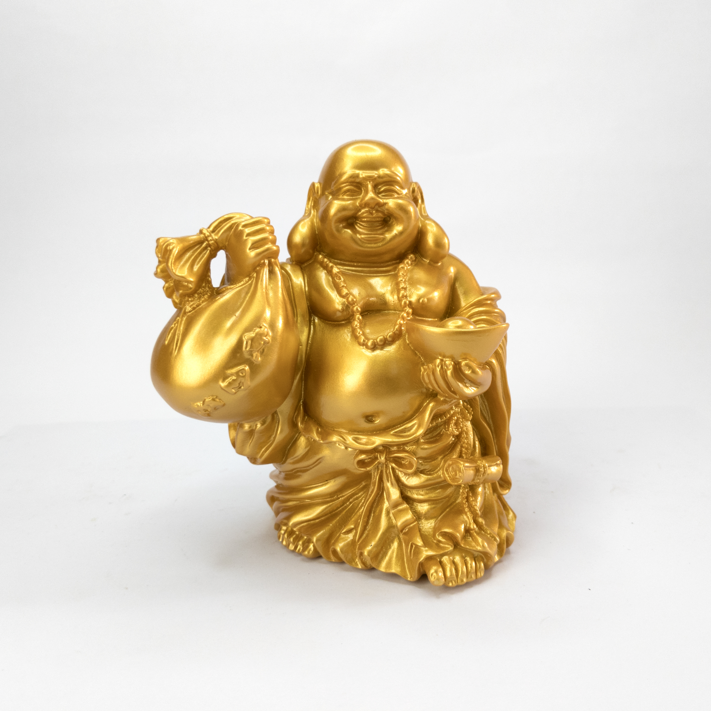 Tượng Phật Di Lặc đứng tay cầm bao Cát Tường - Màu vàng gold cao 12cm