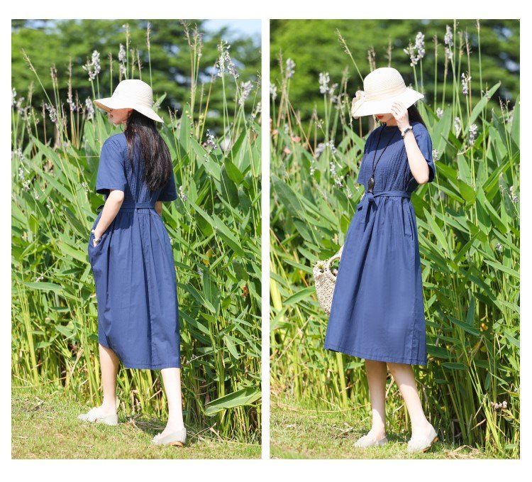 Đầm suông linen thiết kế xếp li trước thời trang, màu xanh đen nhã nhặn NH192