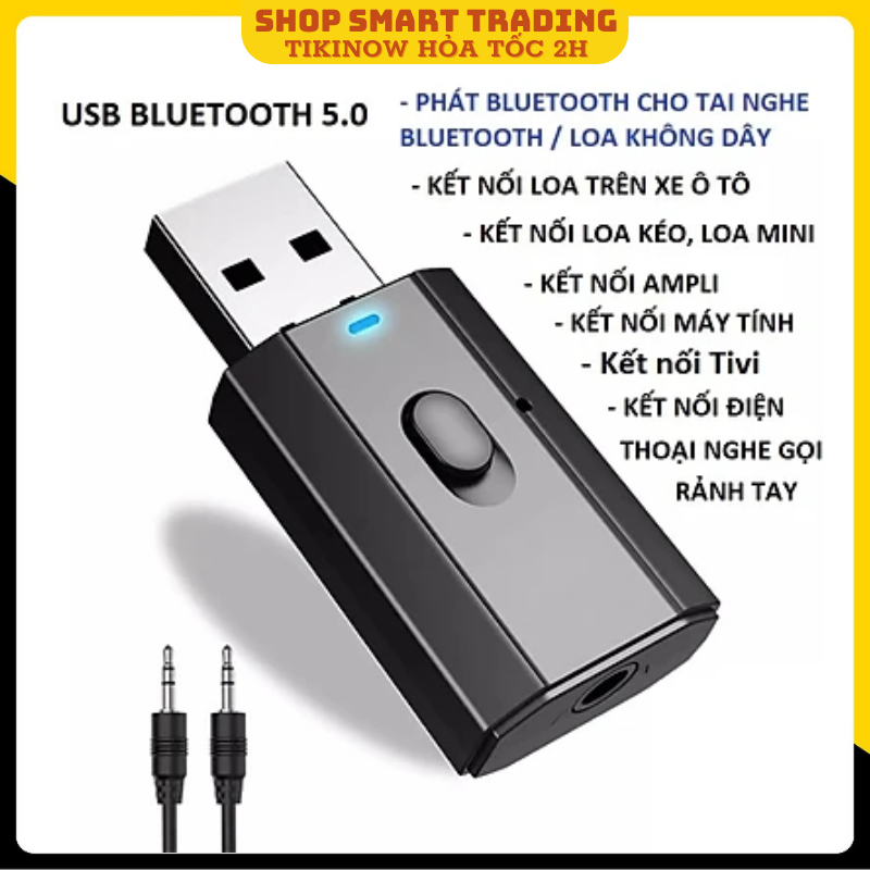 Thiết bị thu phát âm thanh Usb bluetooth 5.0 đa chức năng jack cắm 3.5mm cho loa, Tivi, máy tính, laptop, xe ô tô tặng kèm que chọc sim