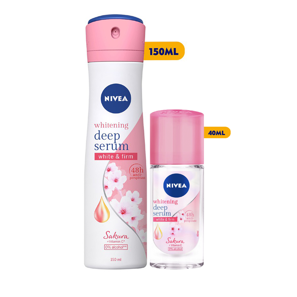 Bộ Đôi Xịt và Lăn Ngăn Mùi Nivea Serum Trắng Mịn Hương Hoa Anh Đào Sakura (150ml+40ml)