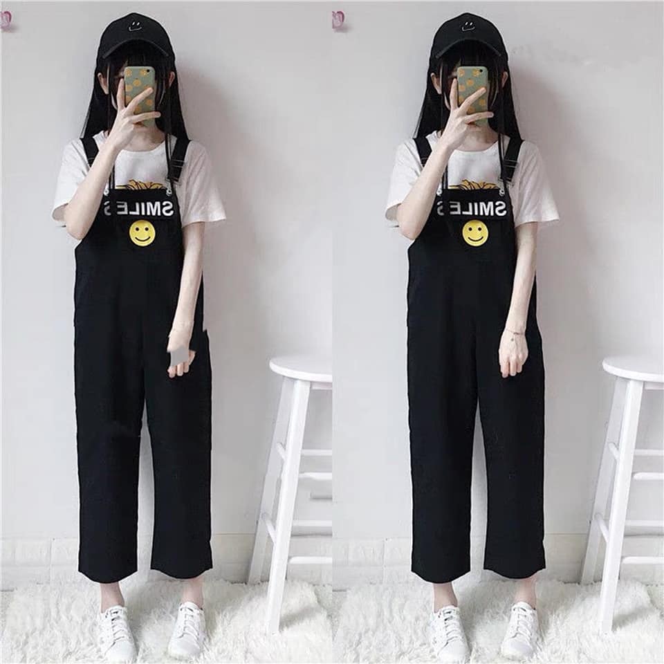 Quần yếm baggy kaki túi hộp in chữ Smiles cho nữ freesize đẹp, trẻ trung, năng động, cá tính