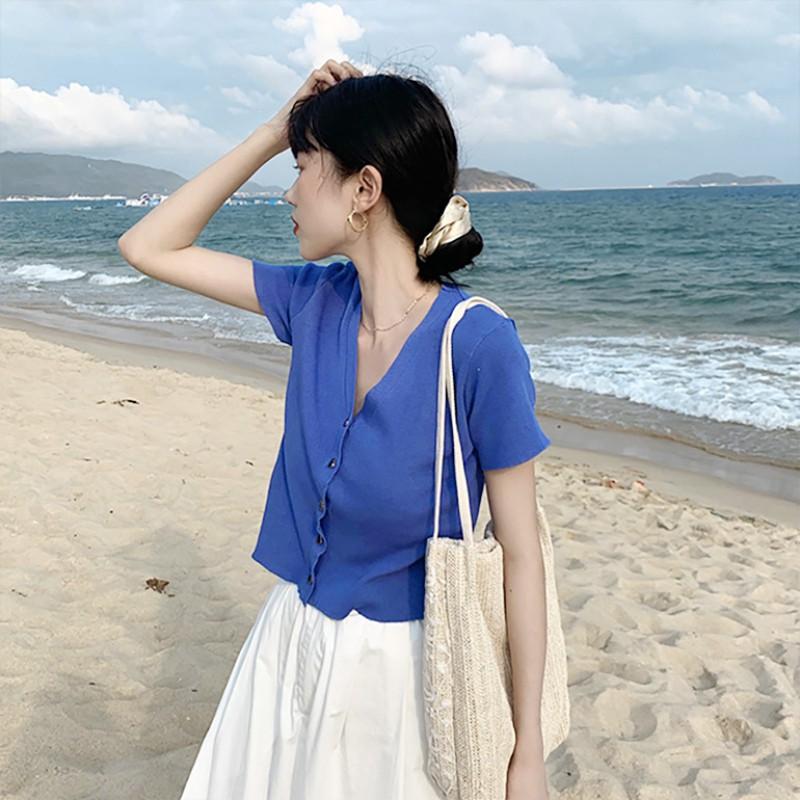 Áo Dệt Kim Ngắn Tay Cổ Chữ V Thời Trang Mùa Hè Hàn Quốc
