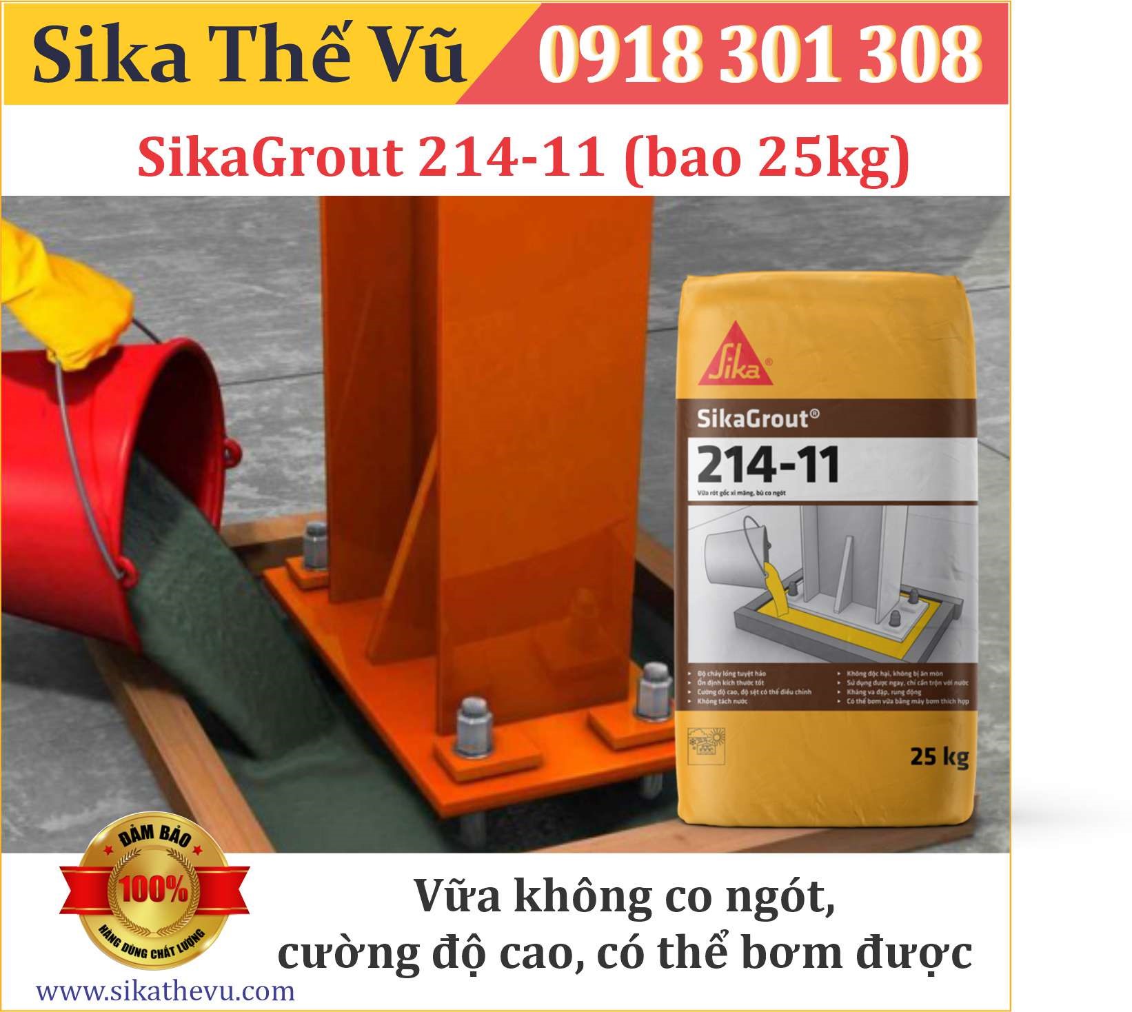 Vữa rót tự san phẳng không co ngót cường độ cao - SikaGrout 214-11 (bao 25kg) 