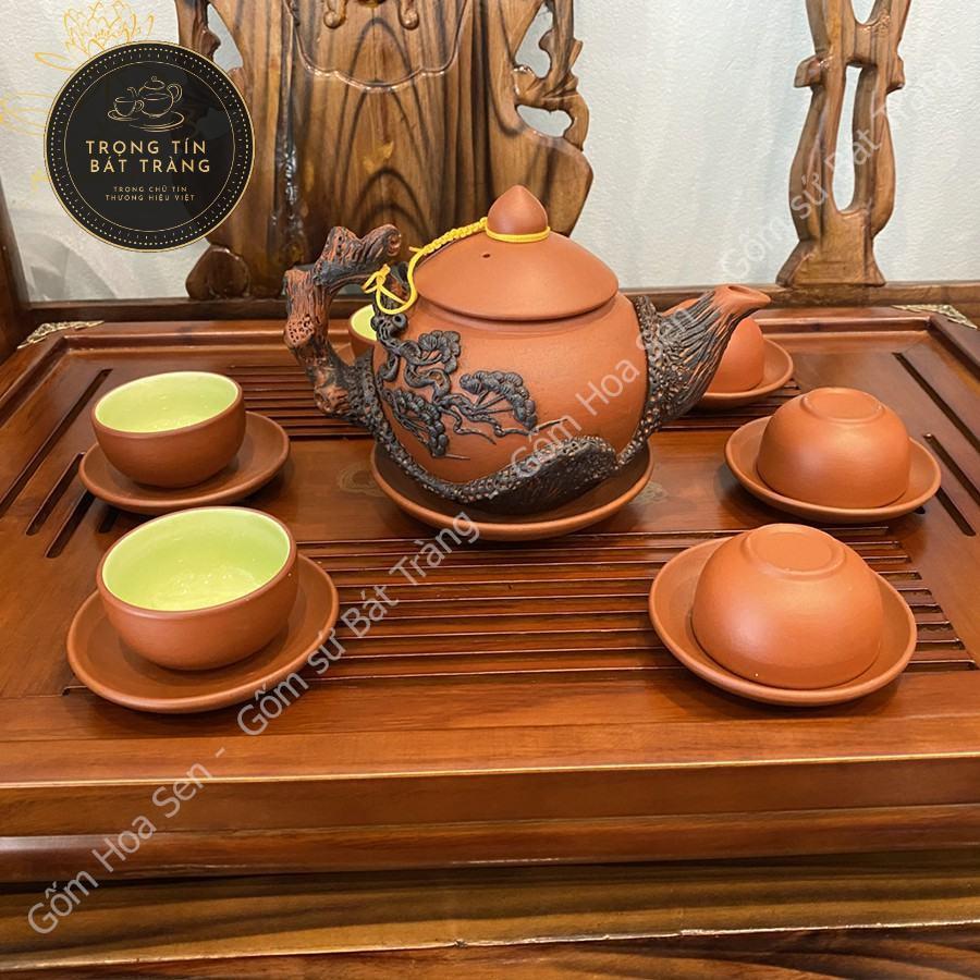 Bộ Ấm Chén Trà Đạo Gốm Tử Sa Bát Tràng Đắp Nổi Hoa Tùng Dáng Thủy Bình Dung Tích 400ml ATSML 04.3