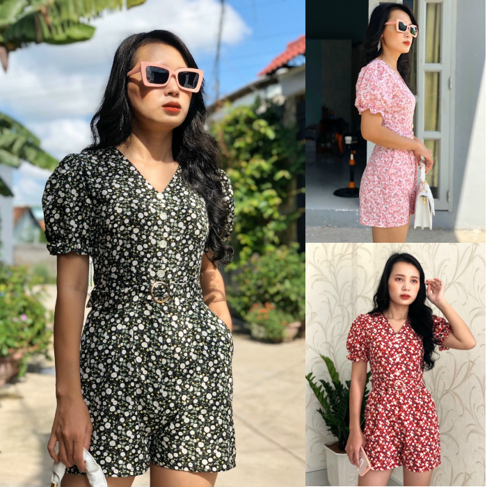 Jumpsuit ngắn hoa cổ tim tay phồng đính nút trước năng động cực xinh kèm belt GR194- Hình thật shop chụp