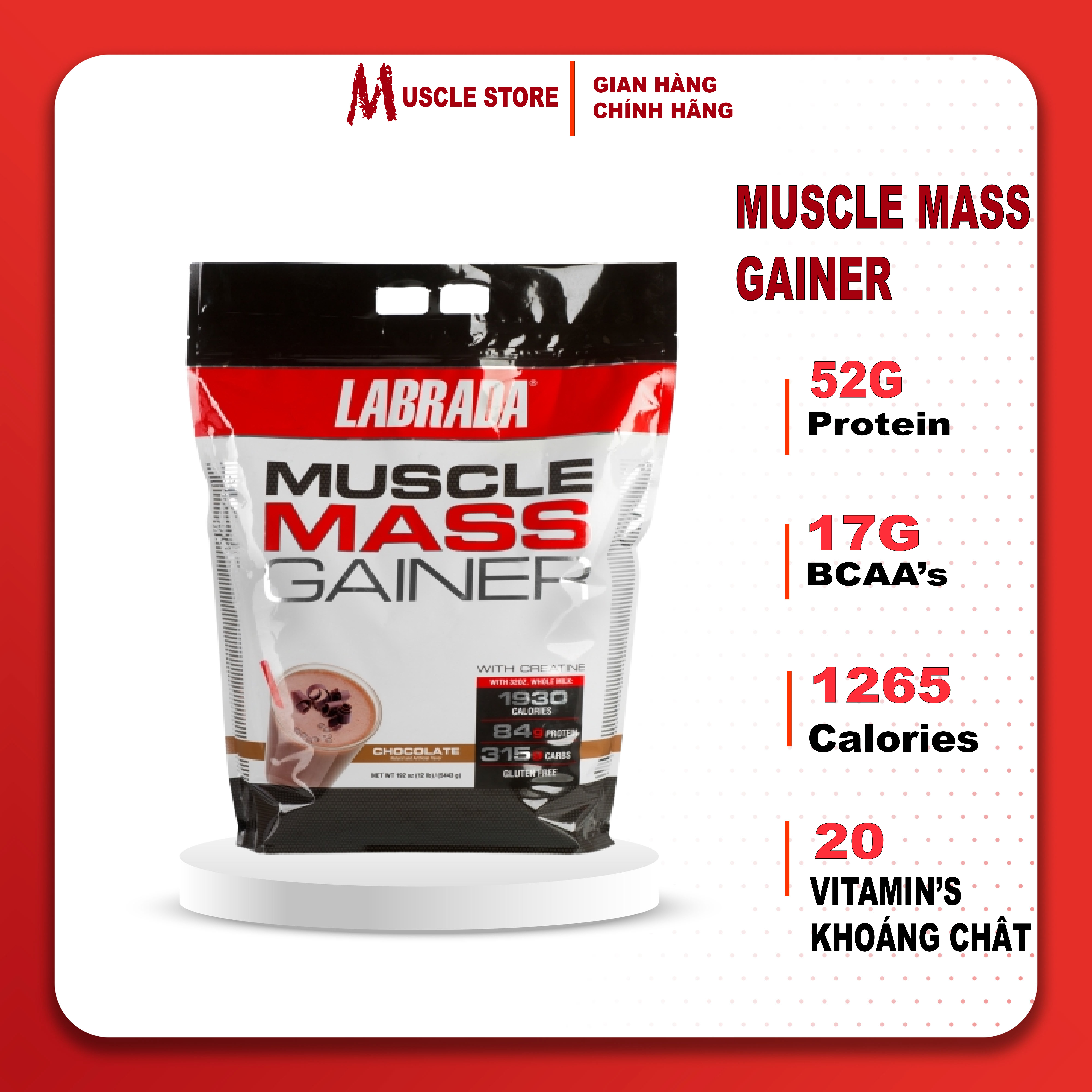 Labrada | Muscle Mass Gainer Sữa Tăng Cân Tăng Cơ Bổ Sung 1265 Calo, 52g Protein & Vitamin