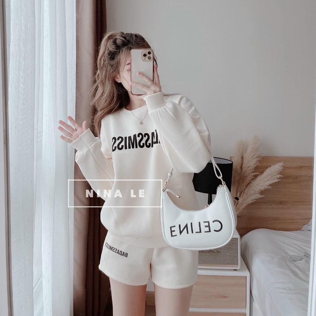Sét bộ nỉ bông nữ áo tay dài in họa tiết chữ phối quần short xinh xắn, trẻ trung phù hợp cho nàng dạo phố siêu sang