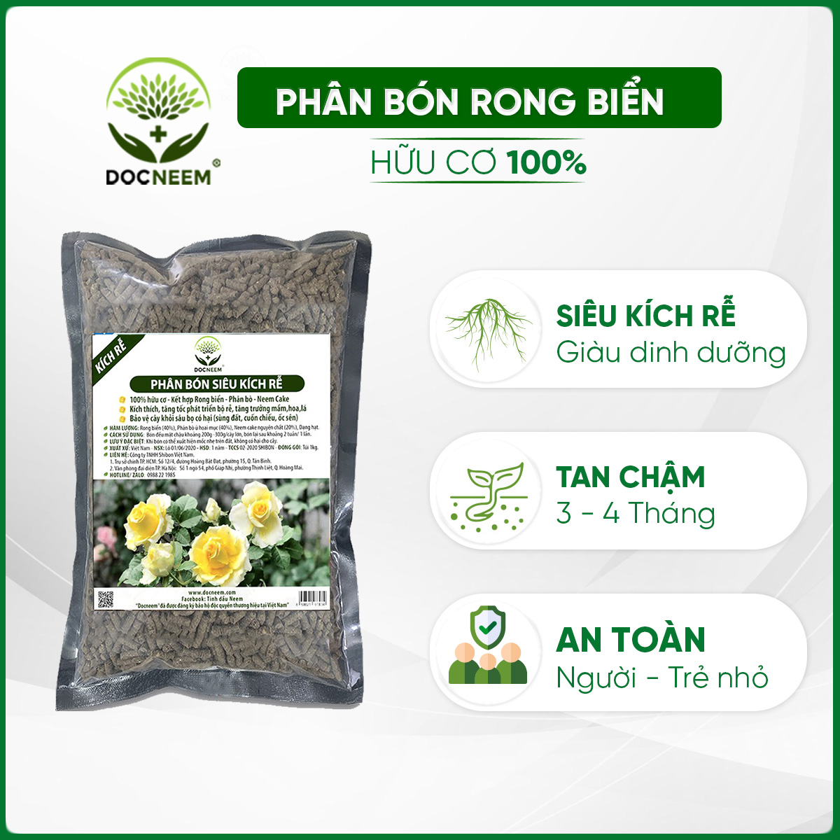 Phân bón hữu cơ rong biển DOCNEEM túi 1kg, kết hợp neem cake kích rễ mầm lá, cho Hoa hồng, phong lan, cây cảnh, rau sạch