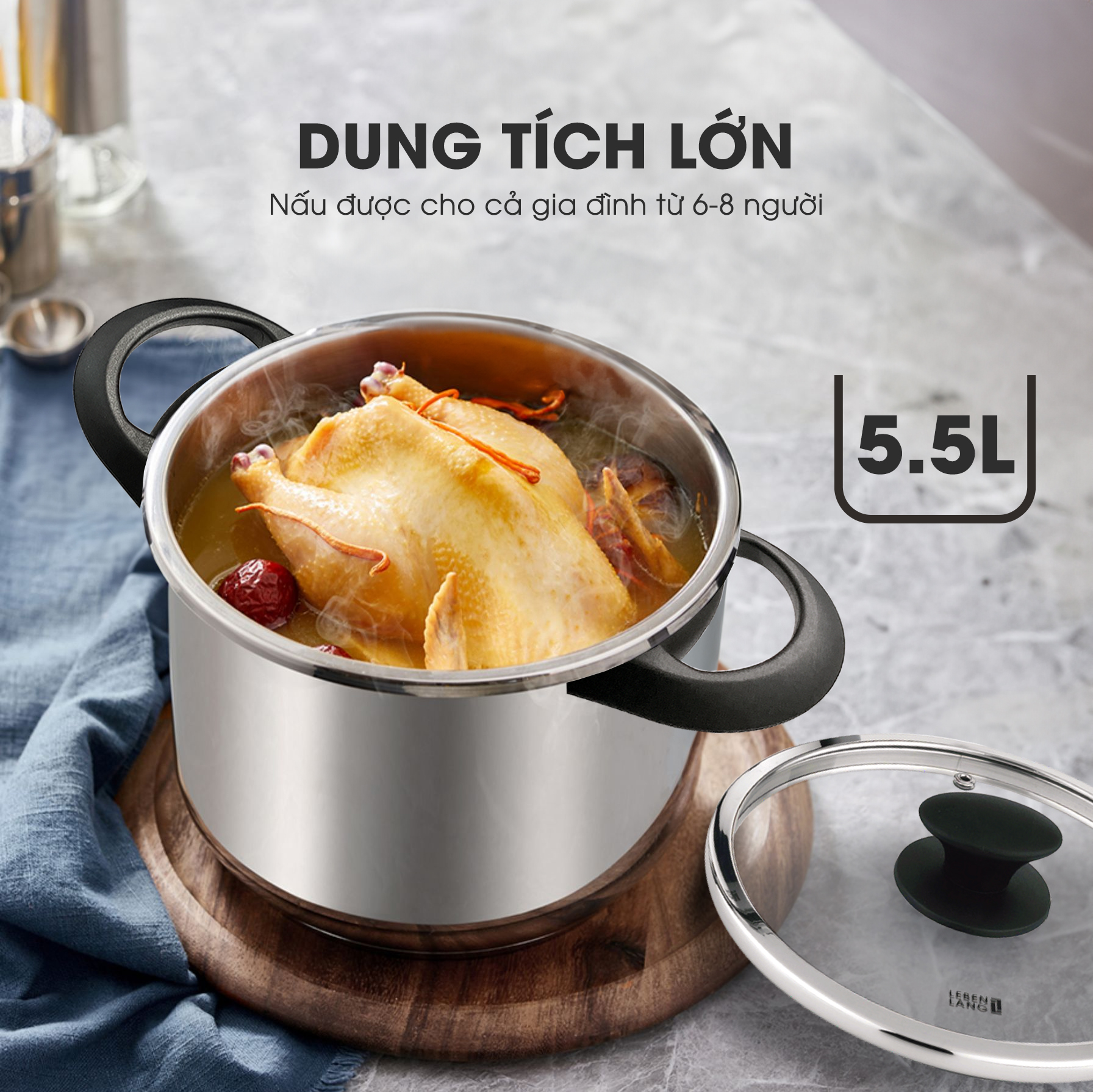 Nồi áp suất LEBENLANG LBL0909, nấu được mọi loại bếp, dung tích 5,5 lít, chất liệu inox cao cấp – hàng chính hãng