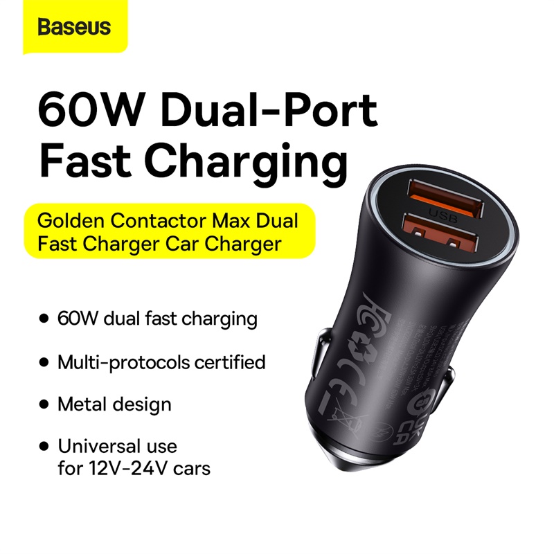 Tẩu Sạc Ô Tô Baseus Golden Contactor Max Dual Fast Charger Car Charger 60W (Hàng chính hãng)