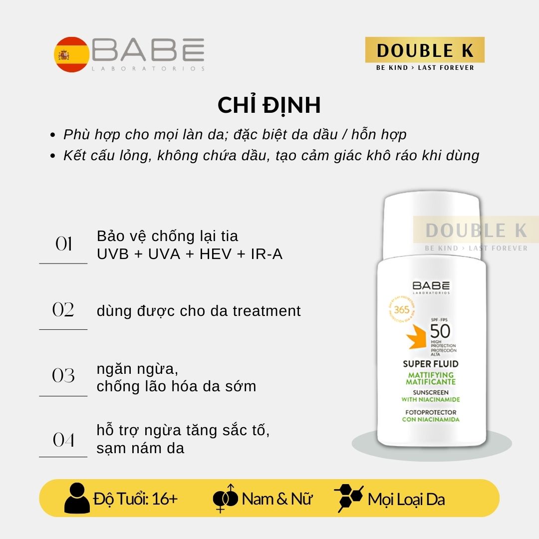 Kem Chống Nắng Kiềm Dầu BABE Super Fluid Mattifying Sunscreen SPF 50 - Double K