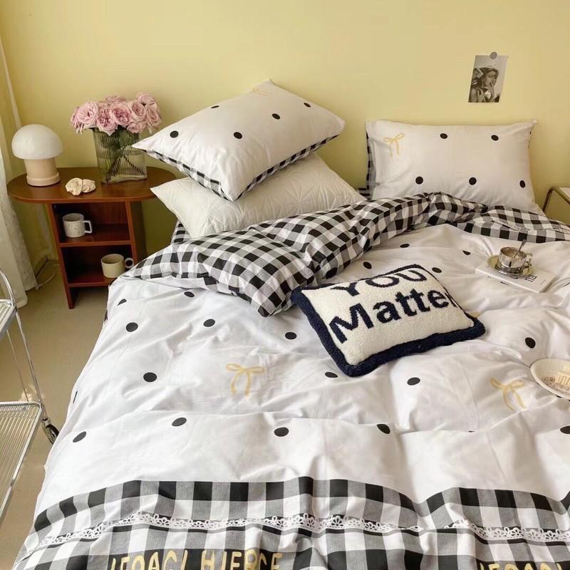 Set Chăn Ga Gối Cotton Living Dây Nơ 100% cottonHàng Nhập Khẩu Cao Cấp 4 Món Nơ Xinh Chấm Bi