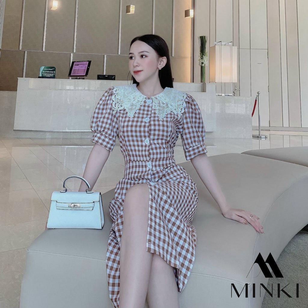 VÁY CARO CỔ REN CHO NỮ -Chất liệu Kaki Cotton nhập khẩu - Họa tiết Caro Hồng - Nâu - Xanh