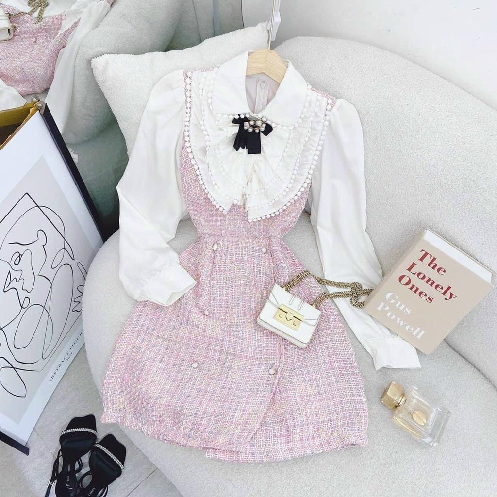 Đầm dạ bố hồng phối trắng tao nơ cổ váy ngắn xòe tay dài tiểu thư nina lê