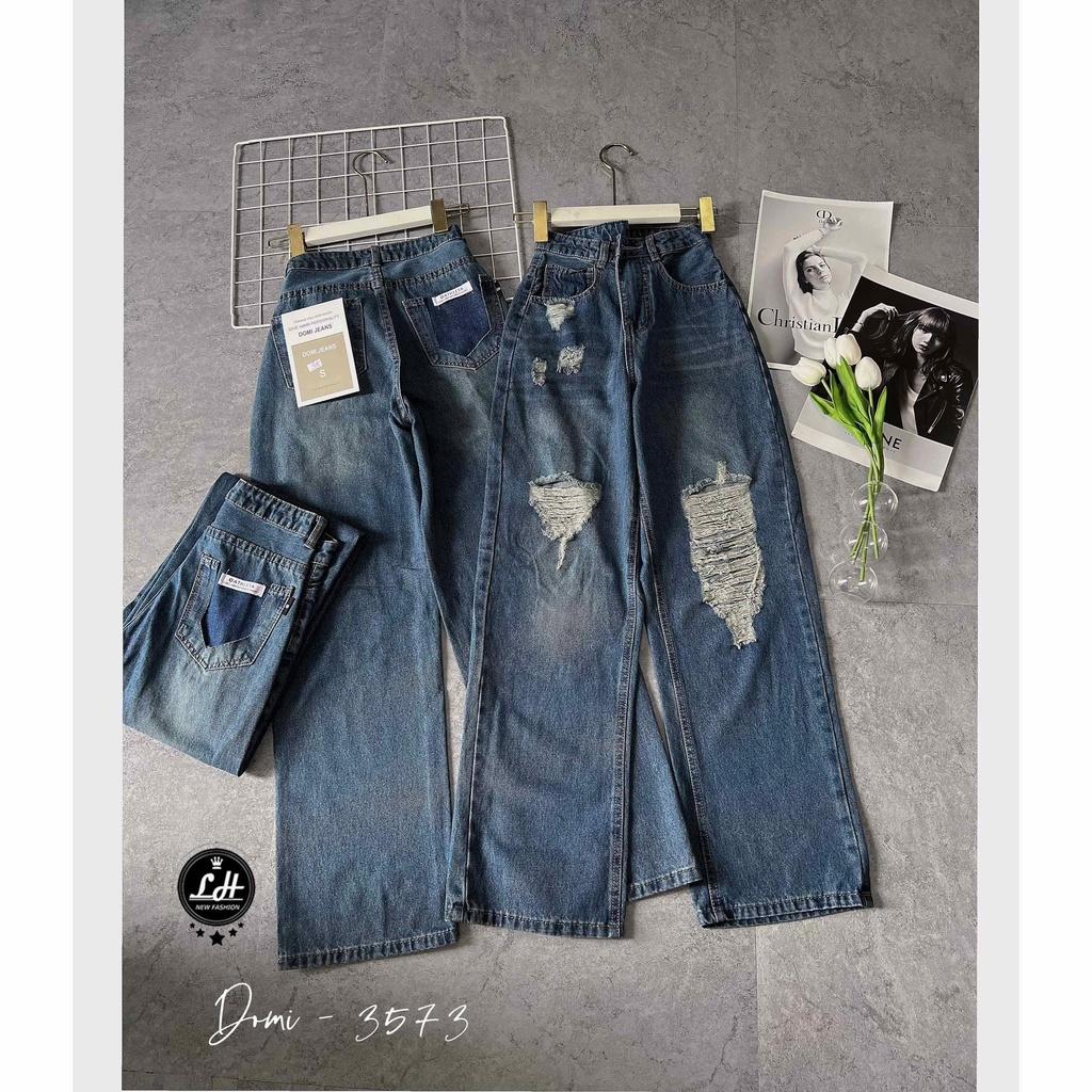 Quần jean nữ ống rộng, quần bò màu xanh rách gối rách túi tua rua khoét túi sau siêu lạ lưng cao Lê Huy Fashion MS 3573