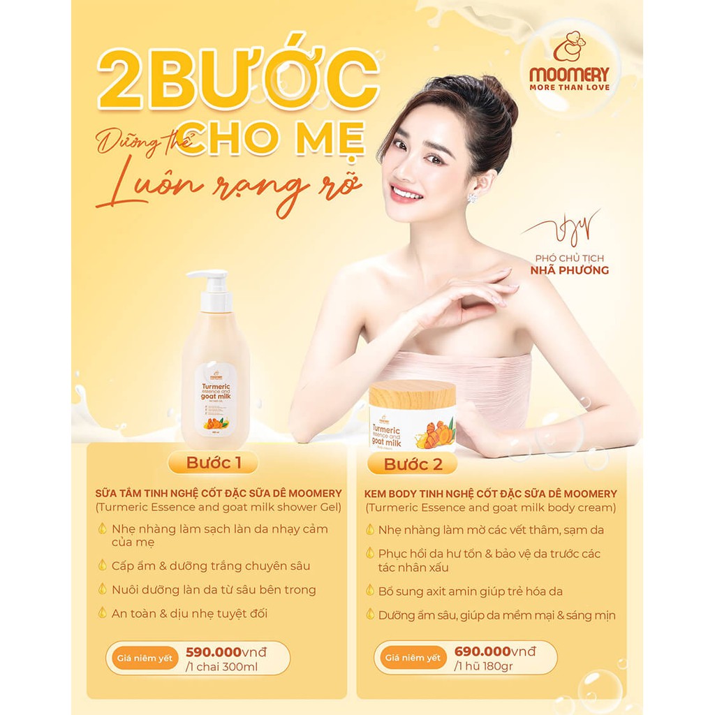 Bộ Đôi Sữa Tắm &amp; Kem Body Tinh Nghệ Cốt Đặc Sữa Dê Moomery