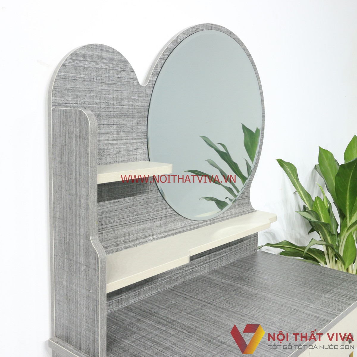 Bàn Trang Điểm Gỗ MDF Melamine Màu Vải Chân Sắt 2 Ngăn Kéo Gương Tròn