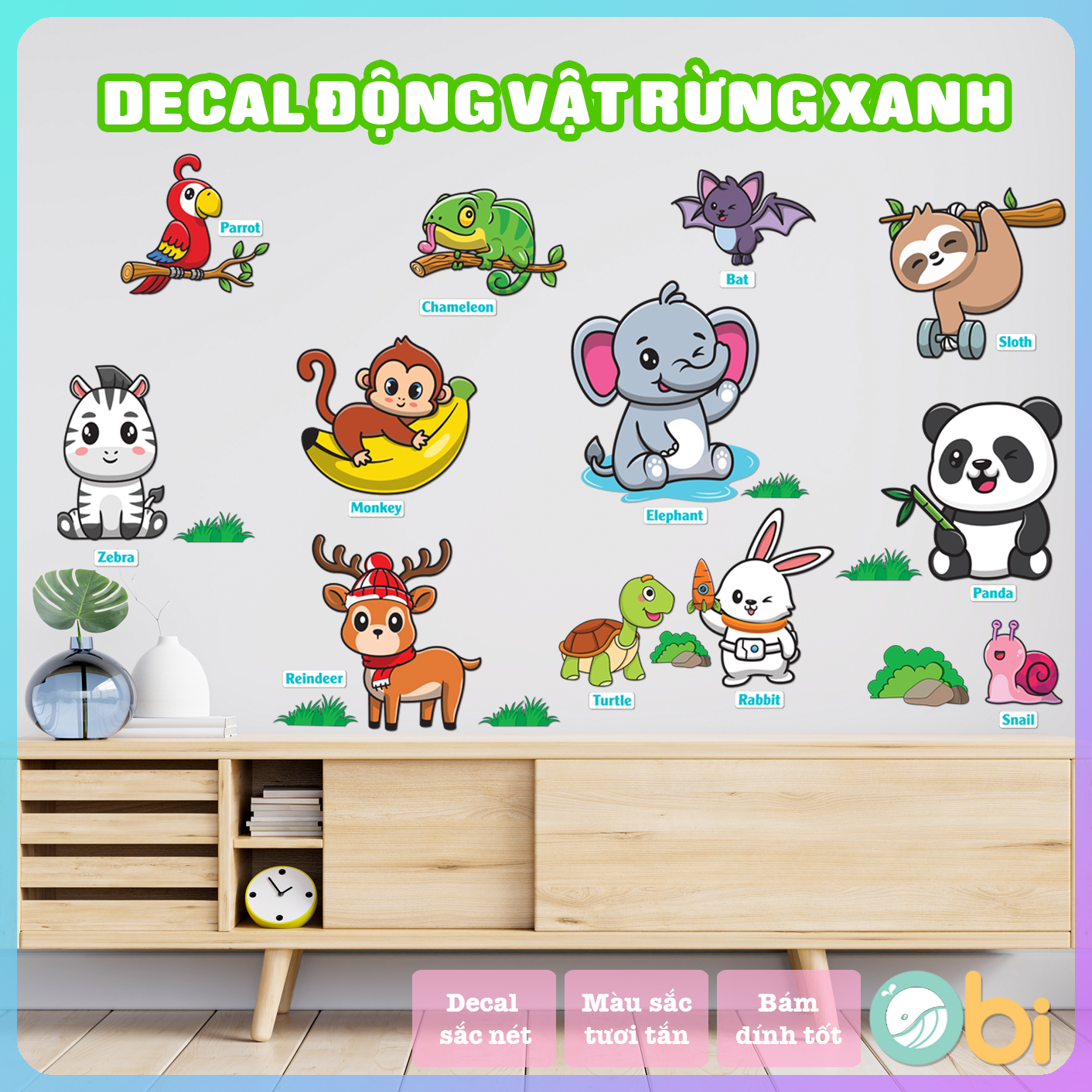 Decal dán tường cho bé  - Decal động vật rừng xanh Obi